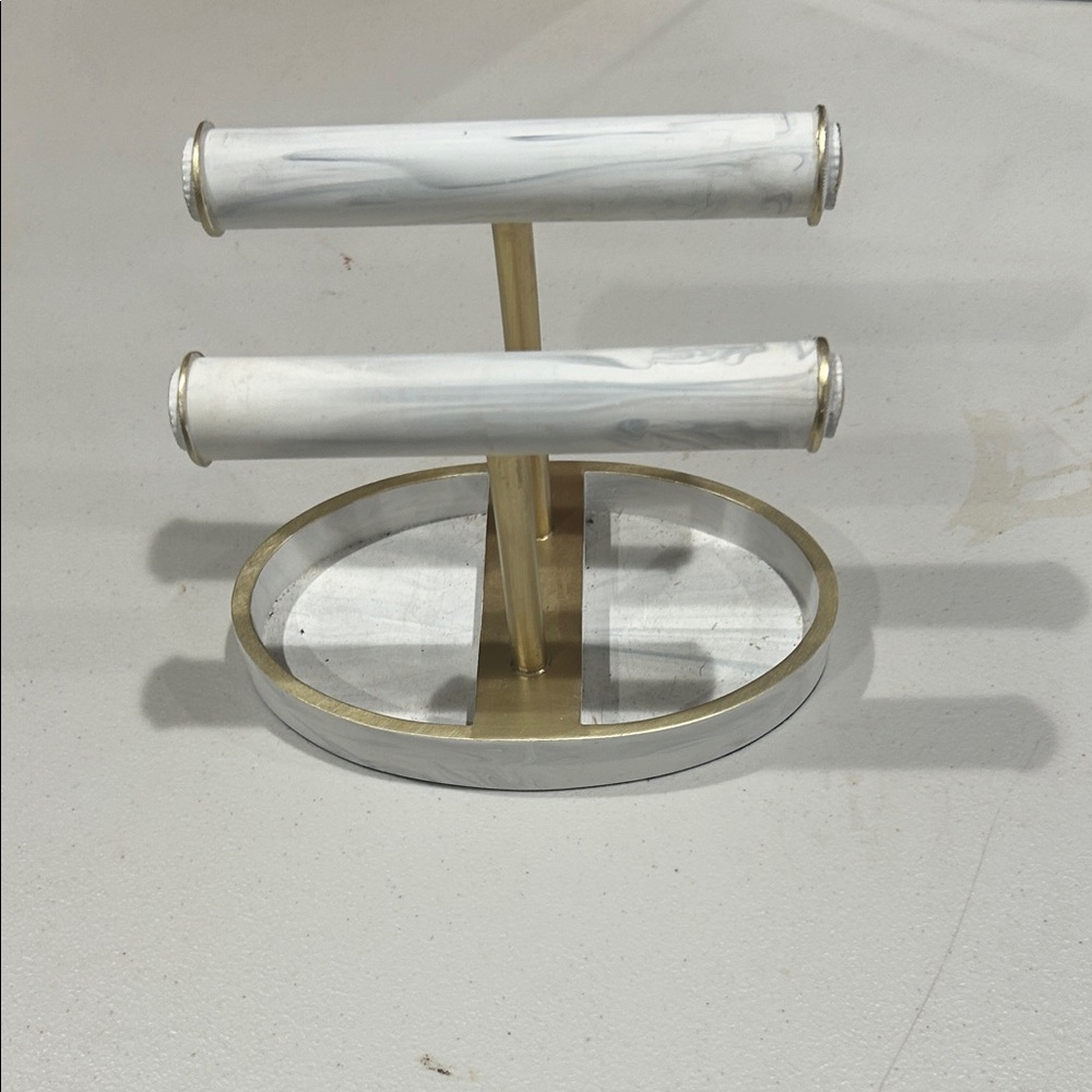 White Marble & Gold Double-Bar Jewelry Stand